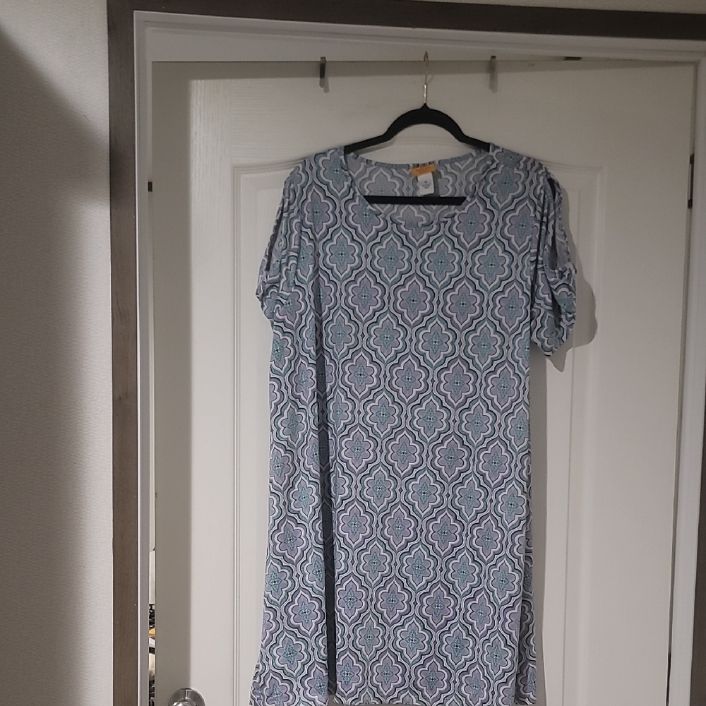 Ruby Rd. Womans Plus Midi Geometric Patterned Dress in Blue and White Size 1X
